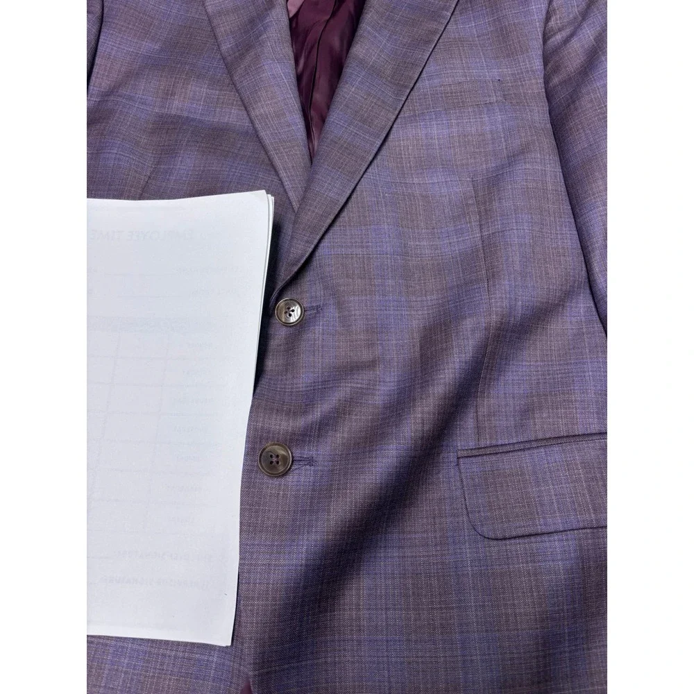 Peter Millar 44R Mens Coat Purple Blue Plaid 100% Virgin Wool Blazer Portugal